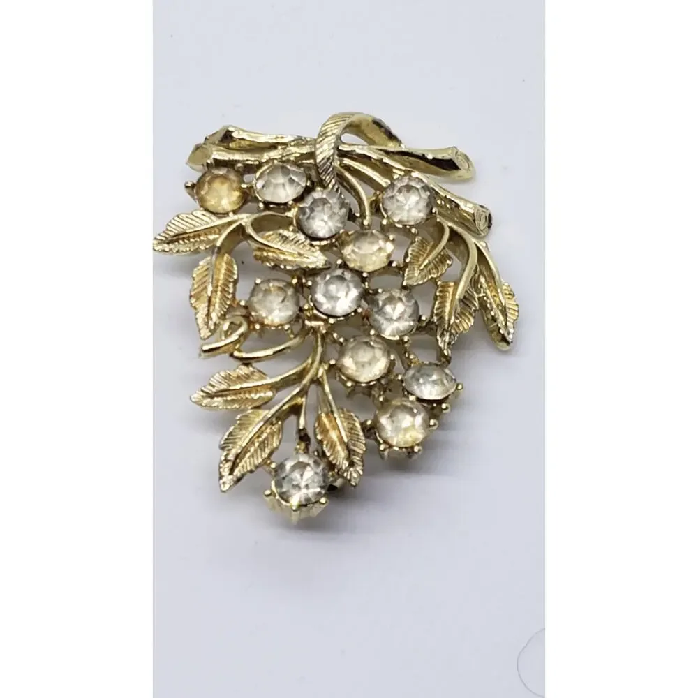 Vintage Brooch Figural Leaf Clear Rhinestone Gold Tone